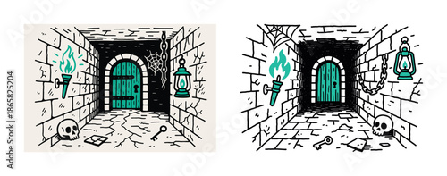 Dungeon interior with green torch and skull in medieval stone corridor