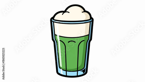 A cartoon glass of frothy, green liquid with light blue accents and a white frothy top