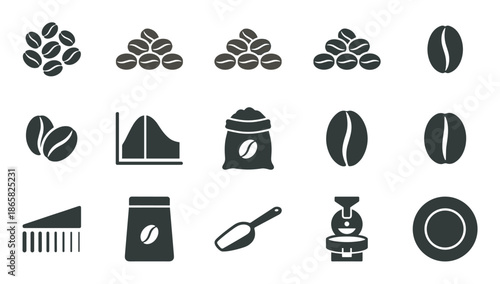 Set of fifteen coffee-related glyph icons presented in a simple, flat, monochrome style, including symbols for beans, a sack, a bag, a grinder, a scoop, and a saucer