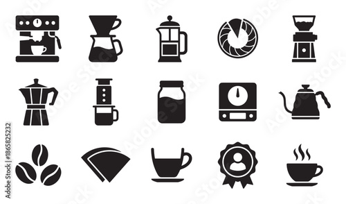 Set of black coffee making glyph icons featuring various brewing methods and equipment like an espresso machine, french press, moka pot, grinder, and pour-over dripper