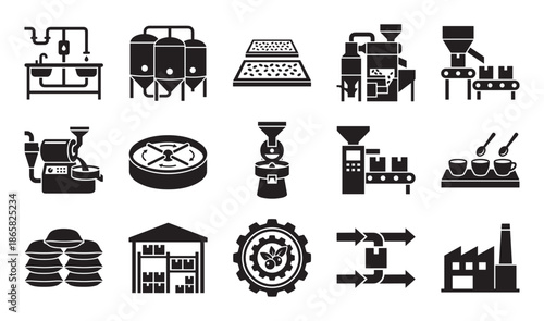 Coffee production process icon set showing industrial equipment for washing, drying, roasting, and packaging beans from the factory to the cup
