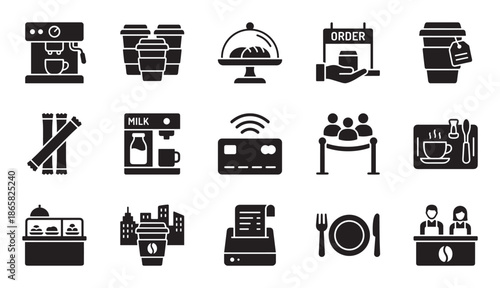 Coffee shop and cafe service glyph icons set showing equipment, ordering, payment, and food elements in a minimalist black silhouette style for various design concepts