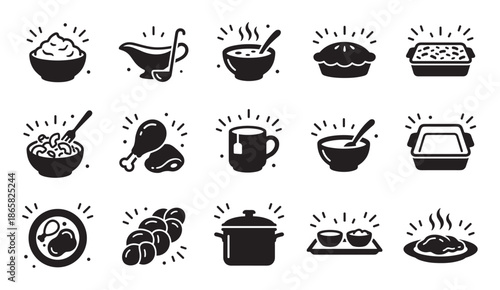 Collection of black food icons in a simple glyph style representing comfort food, holiday meals, and home cooking elements like soup, pie, casserole, chicken, and bread
