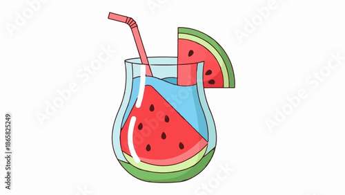 A cartoon glass of refreshing watermelon juice with a slice on the rim and a straw