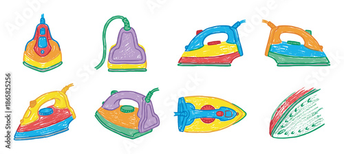 Colorful hand-drawn illustration set of electric irons in a playful, sketchy doodle style, showcasing various retro appliance designs and vibrant multicolored patterns