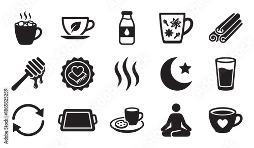 Set of fifteen black minimalist icons for hot drinks and relaxation, featuring symbols for tea, cocoa, honey, spices, meditation, and cozy nighttime self-care rituals