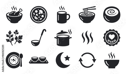 Set of black silhouette icons for food and cooking, featuring steaming hot meals like soup, chicken, and noodles, along with symbols for warmth and culinary elements in a flat design