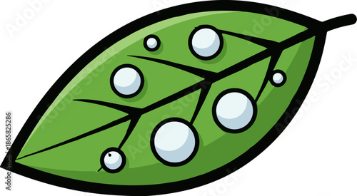 A cartoon green leaf with black veins and water droplets