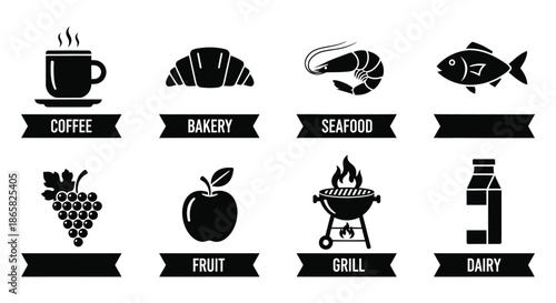 a collection of black food and drink icons on white depicting various culinary delights silhouette