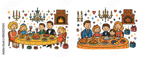 Festive family dinner celebration with holiday gifts and decorations