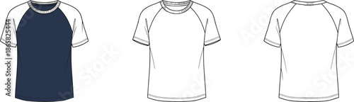Raglan sleeve t-shirt fashion flat illustration with contrast body panel, crew neckline and short sleeves front and back drawing