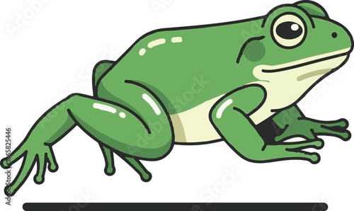 A cartoon green frog with bright eyes and webbed feet, posed on a dark horizontal line