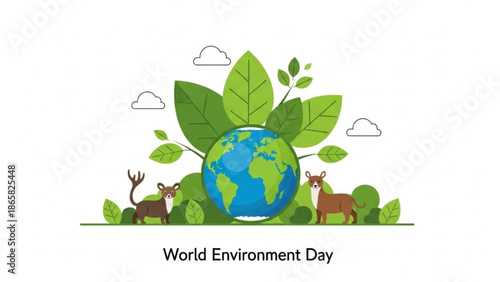 World environment day illustration with globe, green leaves, clouds, and animals with Earth and ecology and conservation and sustainability and eco friendly