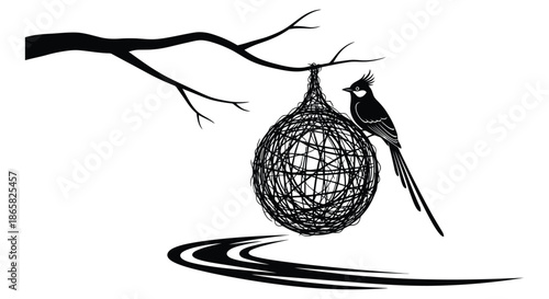 A detailed black silhouette of a bird perched near its woven nest hanging over still water silhouette