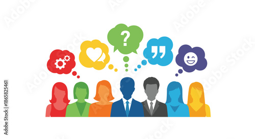 Silhouettes of diverse people with vibrant thought bubbles containing different icons to represent various ideas and emotions.