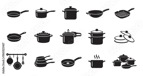 Collection of black kitchen cookware icons showing various pots, pans, a pressure cooker, stockpot, and utensils in a minimalist graphic style for cooking concepts