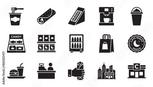 Collection of black solid glyph icons for convenience store and fast food themes, featuring symbols for snacks, meals, drinks, coffee, and retail shopping in a simple modern style