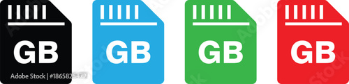 This storage icon set represents memory capacity and data size using GB (gigabyte) symbols displayed on card-style shapes