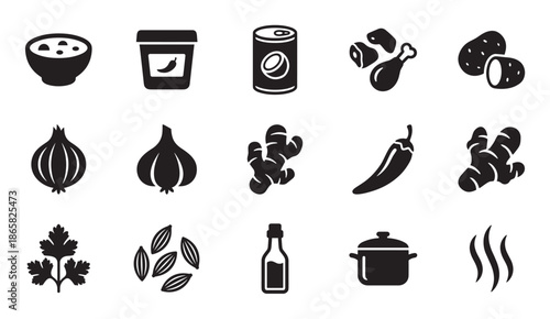 Black glyph icons representing curry ingredients and cooking elements like soup, chicken, potato, onion, garlic, ginger, chili, cilantro, spices, and a cooking pot