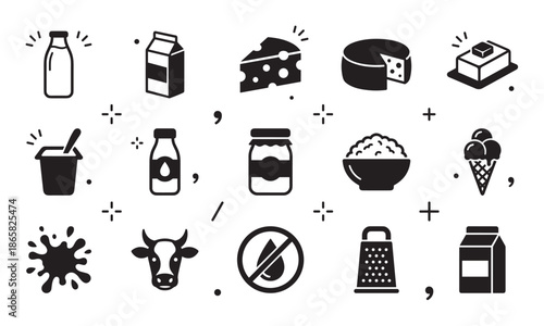Dairy products icon set with milk, cheese, butter, and yogurt in a minimalist black glyph style for food and nutrition concepts, including a cow and lactose free symbol