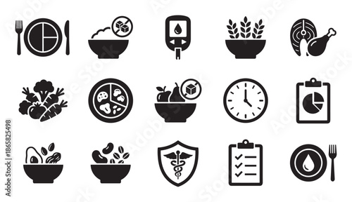 Set of black glyph icons representing diabetes management, healthy eating, nutrition, and diet planning with symbols for food, glucometer, and medical concepts