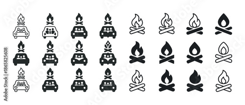 Icon set of campfires and cars with passengers in various styles