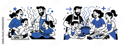 Family cooking together: diverse adults and children enjoying meal preparation