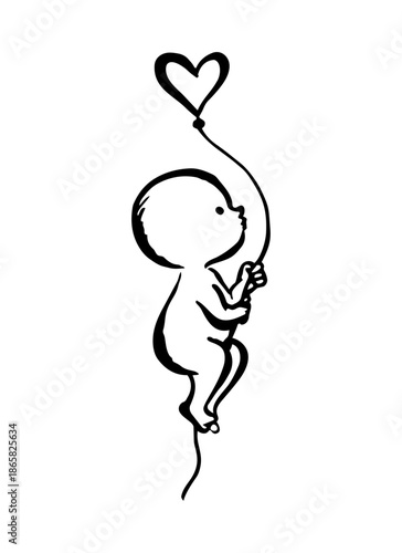 Cute baby holding heart-shaped balloon minimalist line art, black and white sketch symbolizing love, innocence and childhood, isolated with transparent background
