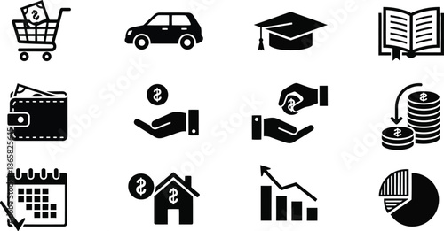 Financial icons depicting graphs, charts, and money with percentage signs and arrows indicating growth and decline in business 