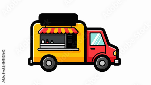 A bright, cartoon-style food truck with a red cab and yellow serving area