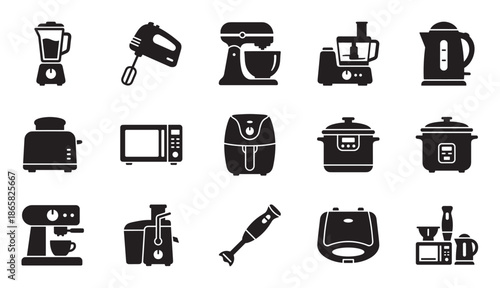 Black kitchen appliance glyph icons set featuring a blender, mixer, microwave, toaster, and coffee machine in a simple, modern vector illustration style for home electronics