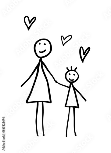 Mother and daughter stick figure drawing with hearts, minimalist family love sketch, isolated with transparent background