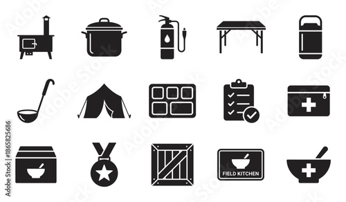 Collection of fifteen black silhouette icons for a field kitchen, showing essential items for humanitarian aid, disaster relief, and military or refugee camp catering