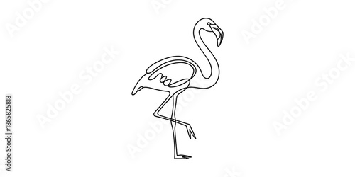 Continuous line drawing of a flamingo in profile view, balancing gracefully on a single leg