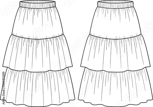 Tiered midi skirt fashion flat illustration with elastic waistband and layered ruffle panels front and back technical drawing