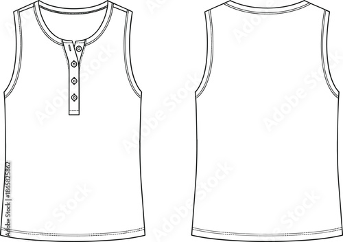 Women’s sleeveless tank top fashion flat with scoop neckline and button placket front detail basic knit shirt technical drawing