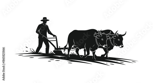 a farmer guiding a pair of oxen while plowing a field a striking black and white silhouette