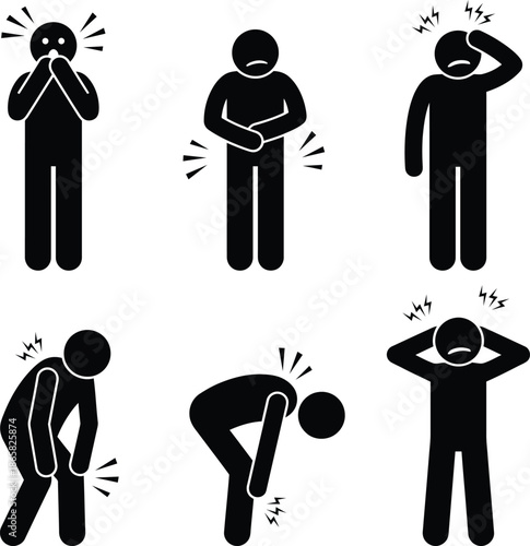 Collection of stick figures expressing various pain and discomfort symptoms