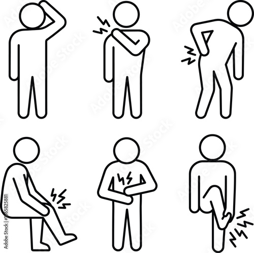 Set of stick figures illustrating various body pain points and injuries