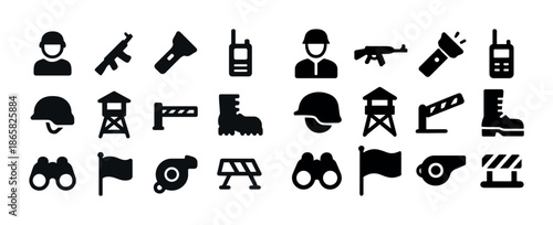 Military and security icons: equipment, tools, and symbols in vector format