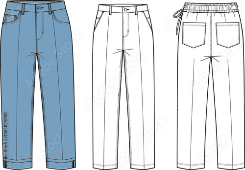 Women’s tailored trousers fashion flat illustration with front pleats, belt loops, cuffed hem and elastic drawstring back view design