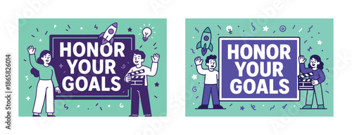 Diverse cartoon characters encouraging goal achievement with playful design