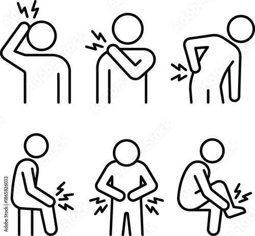 Icon set illustrating various body pains and discomforts