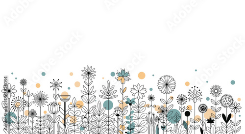 Meadow of whimsical black line art flowers and plants interspersed with colorful dots along the bottom of the frame.