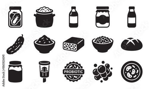 Fermented food and probiotic black glyph icons set showing various healthy products like kimchi, kefir, yogurt, and sourdough for gut health concepts