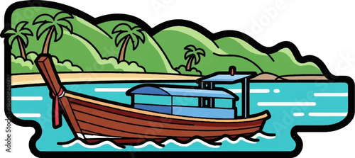 A long wooden boat sails on turquoise water near a tropical island with palm trees and green hills