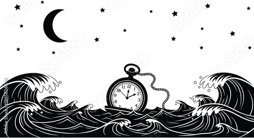 a dark and dreamy scene with ocean waves a crescent moon stars and a pocket watch silhouette