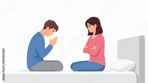 A man kneels and pleads with a woman who sits with her arms crossed, both on a bed