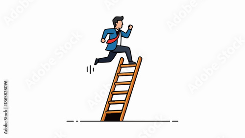 A man in a suit sprints up a wooden ladder, symbolizing ambition
