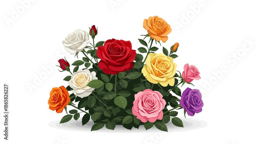 Vibrant multi colored roses bouquet with lush green leaves